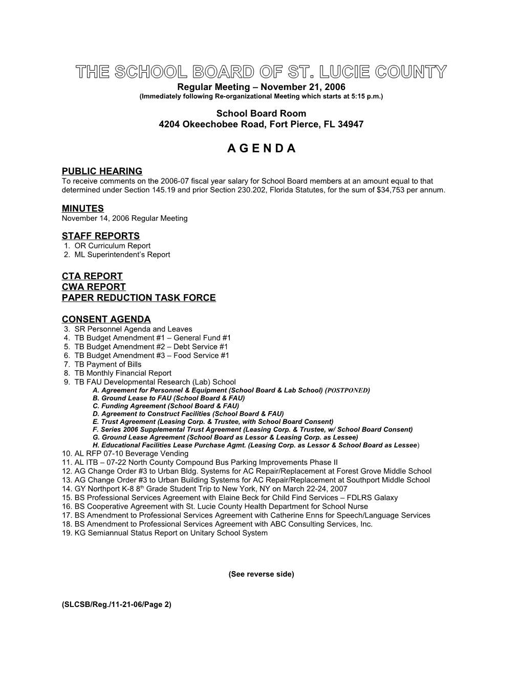11-21-06 SLCSB Regular Meeting Agenda - Final