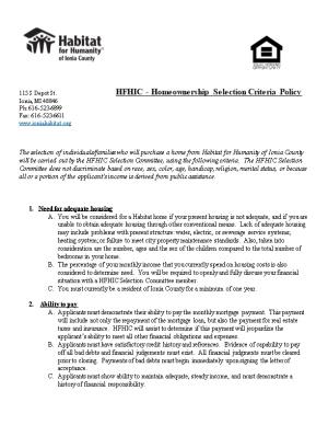 115 S Depot St. HFHIC - Homeownership Selection Criteria Policy