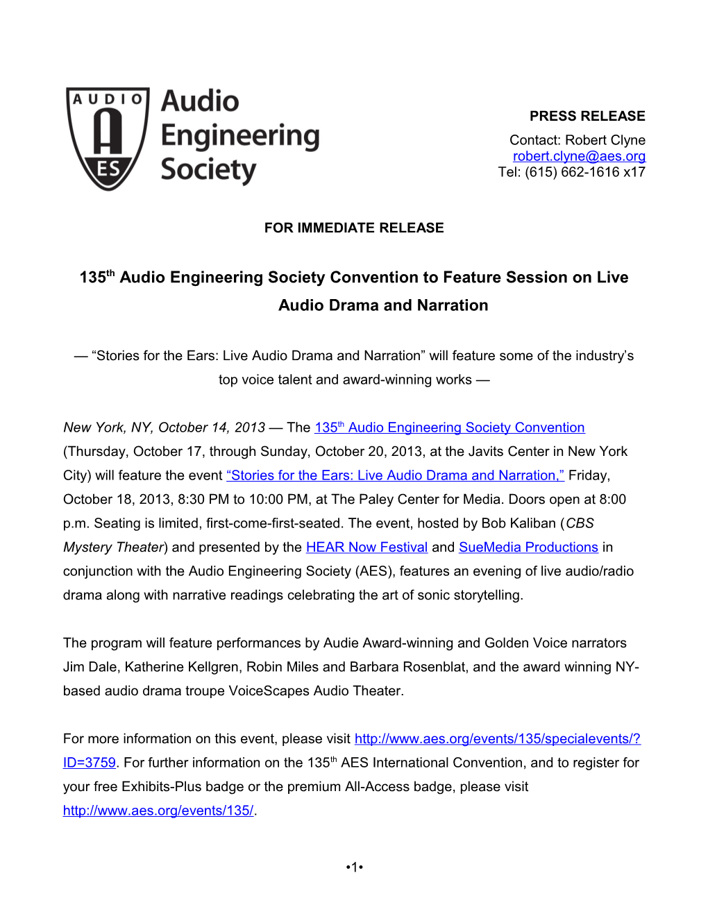 135Thaudio Engineering Society Convention to Feature Session on Live Audio Drama and Narration