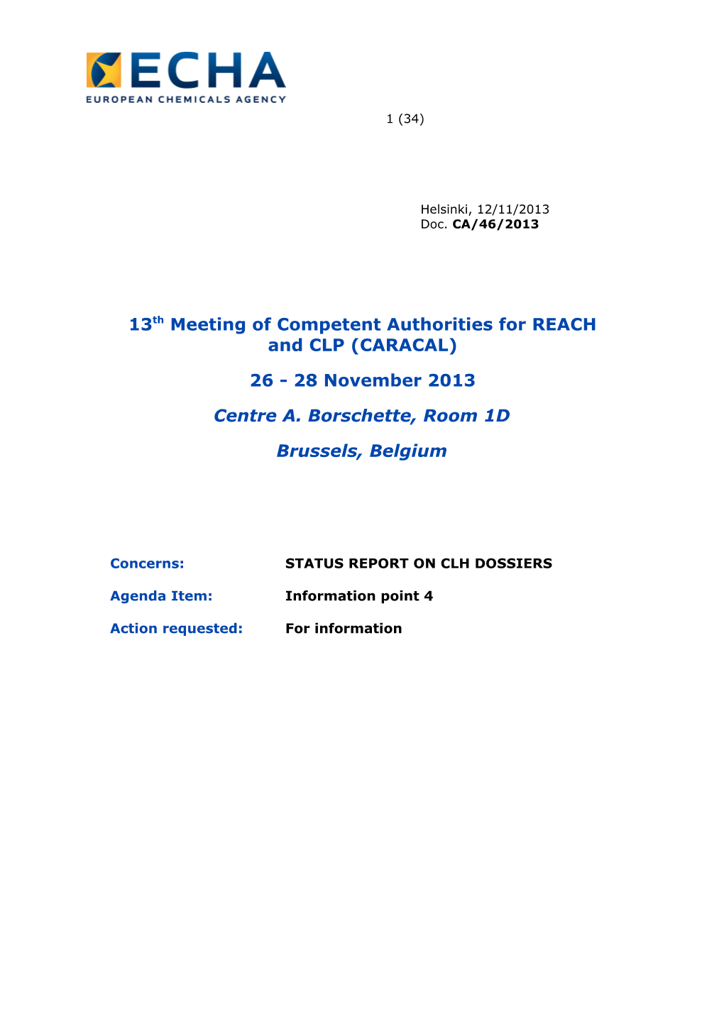 13Th Meeting of Competent Authorities for REACH and CLP (CARACAL)