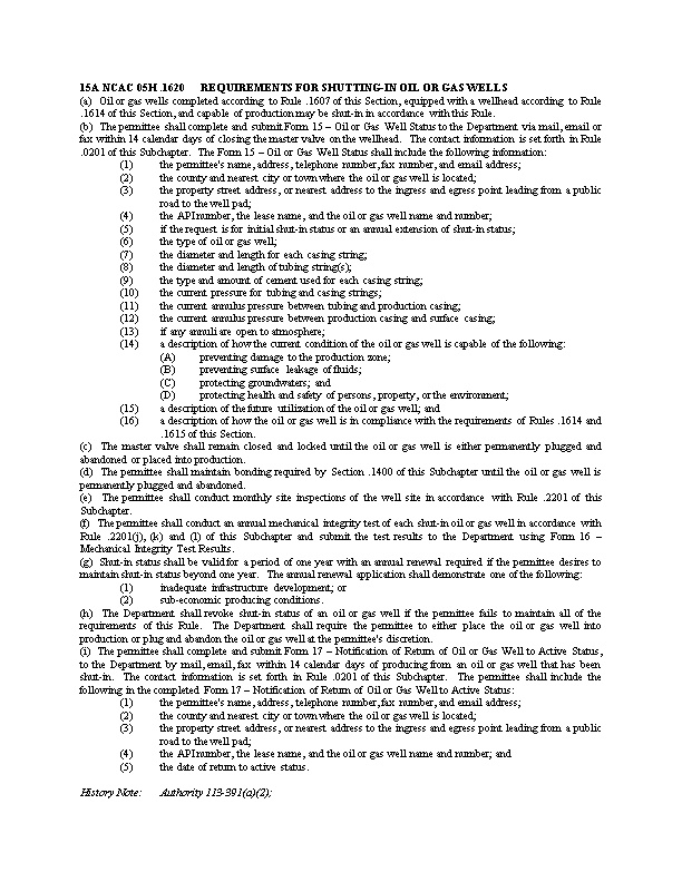 15A NCAC 05H .1620REQUIREMENTS for SHUTTING-IN OIL Or GAS WELLS