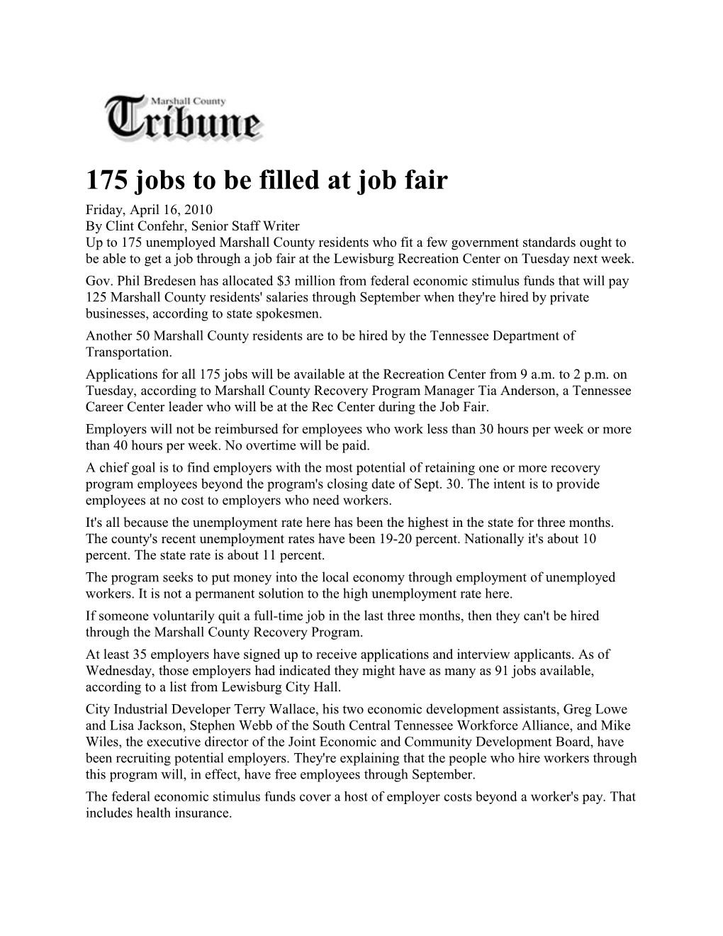175 Jobs to Be Filled at Job Fair
