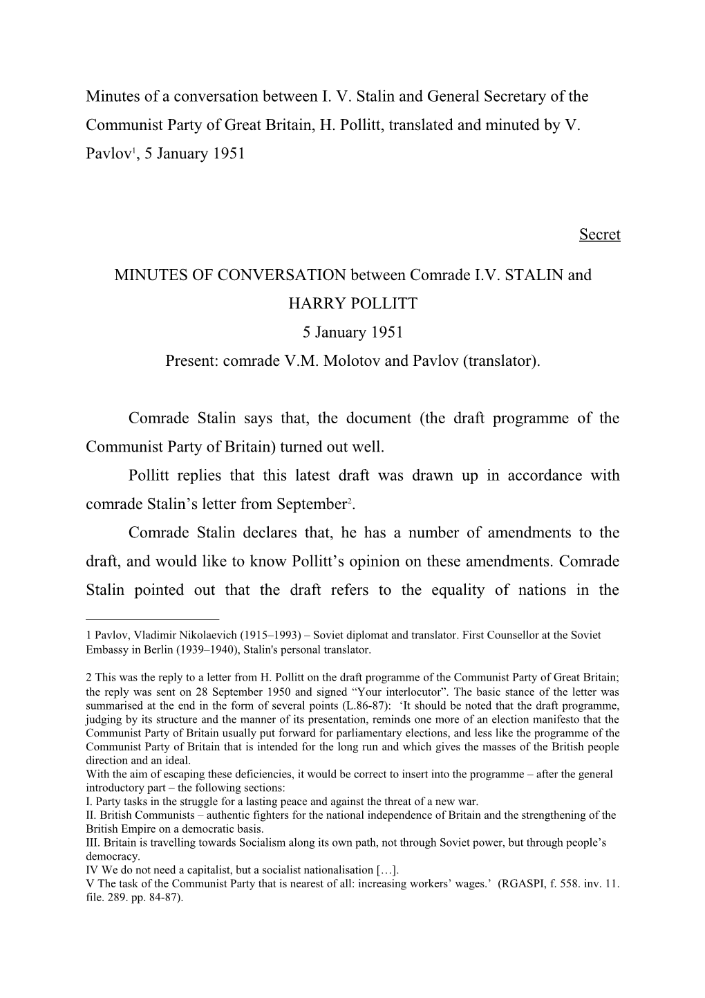 1951-01-05 Stalin Pollitt Conversation Minutes