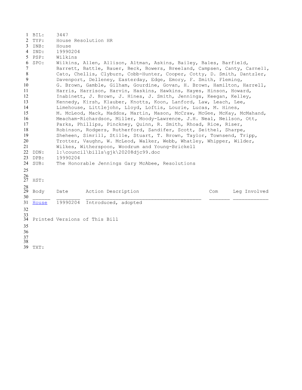 1999-2000 Bill 3447: the Honorable Jennings Gary Mcabee, Resolutions - South Carolina