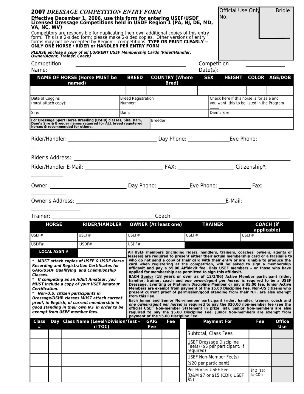 1999 USDF Region 1 Entry Form - Front Page