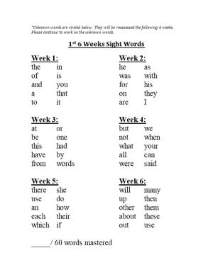1St 6 Weeks Sight Words