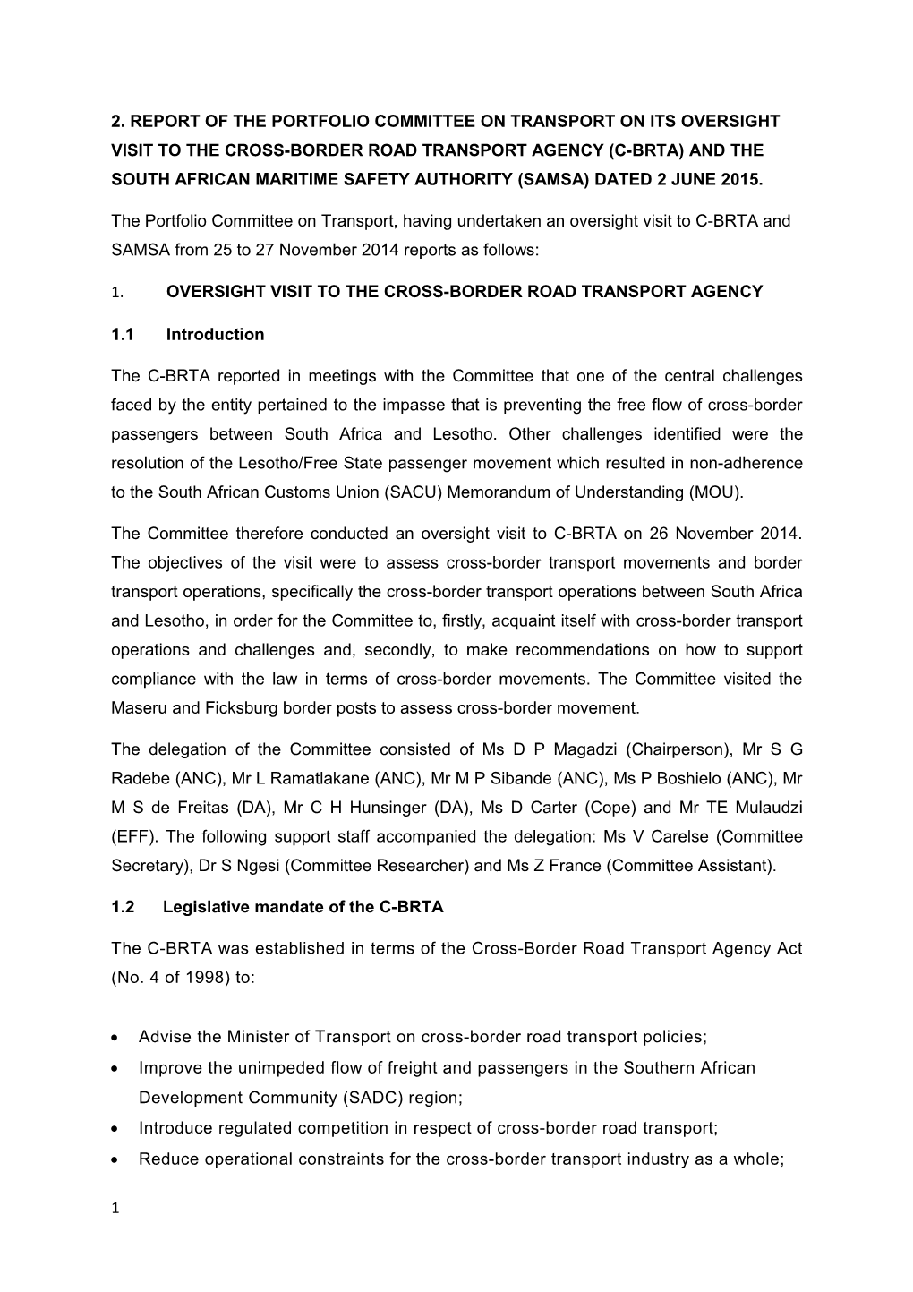 2. Report of the Portfolio Committee on Transport on Its Oversight Visit to the Cross-Border