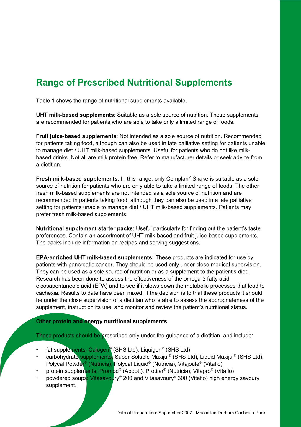 Range of Prescribed Nutritional Supplements