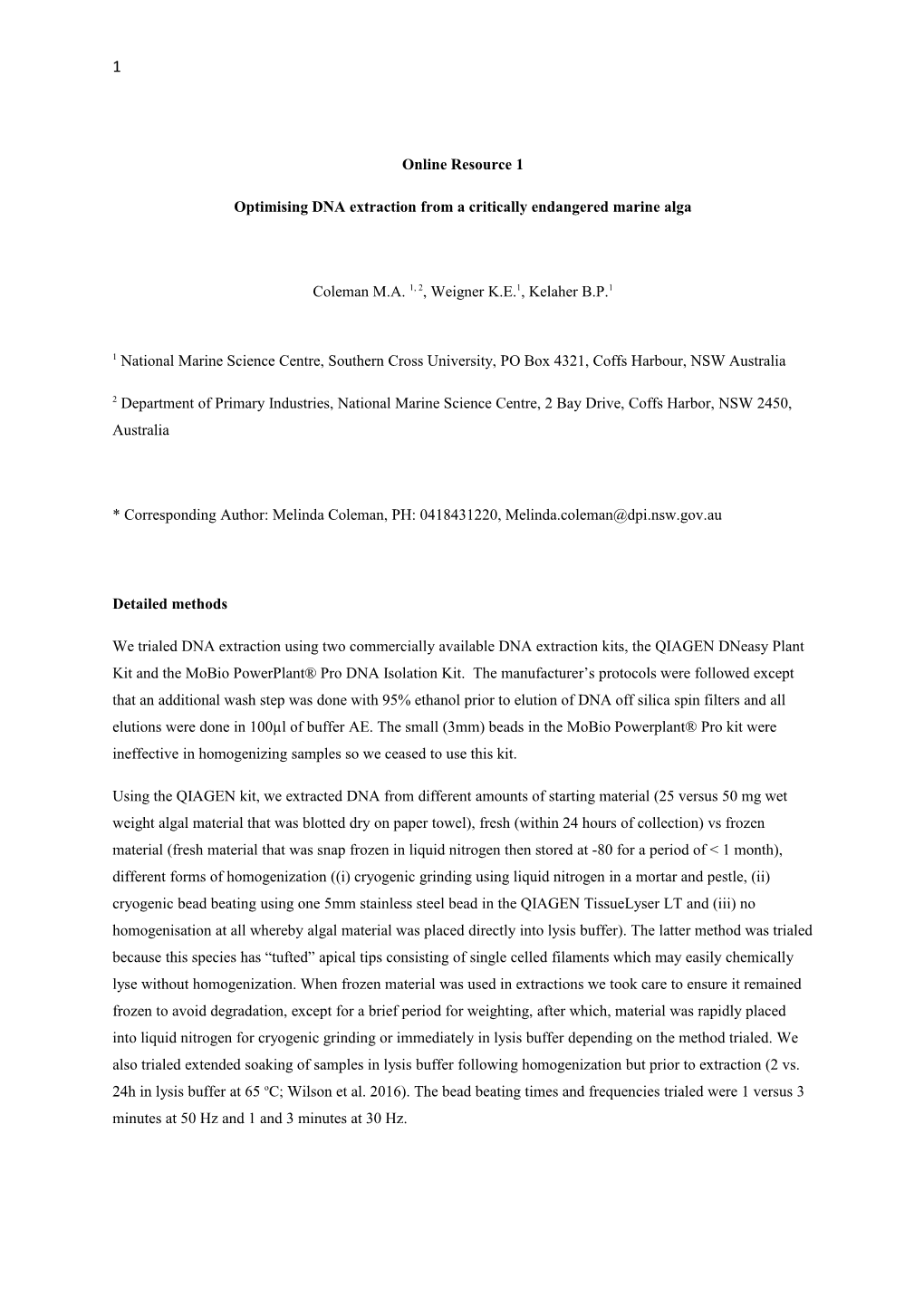 Optimising DNA Extraction from a Critically Endangered Marine Alga