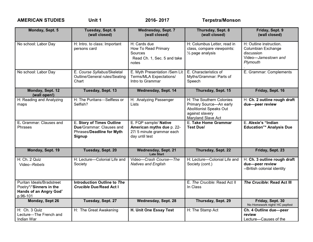 AMERICAN STUDIES Unit 1 2016- 2017 Terpstra/Monson