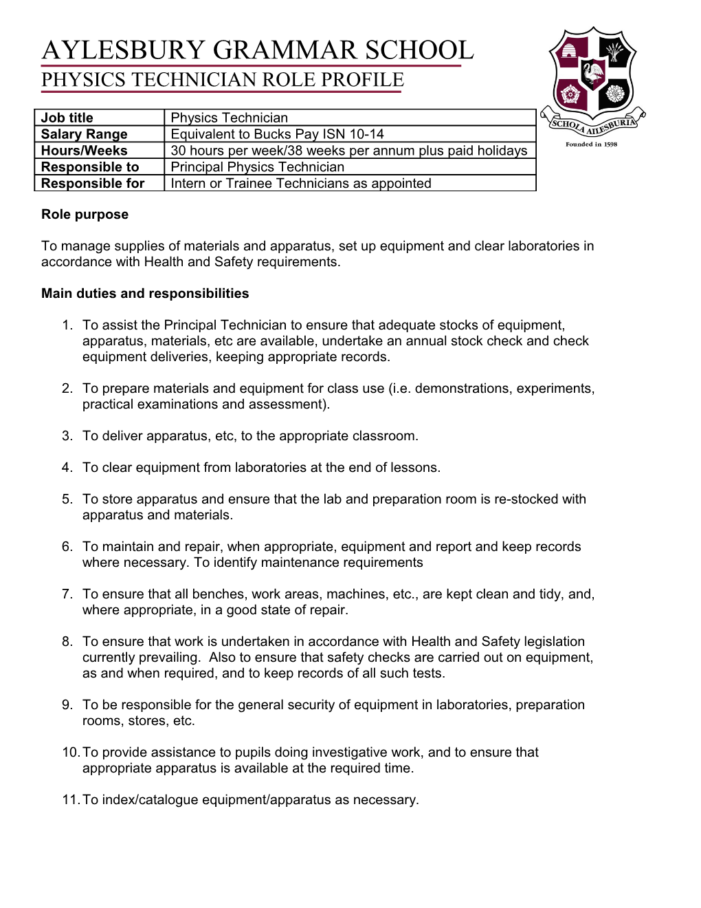 Physics Technician Role Profile