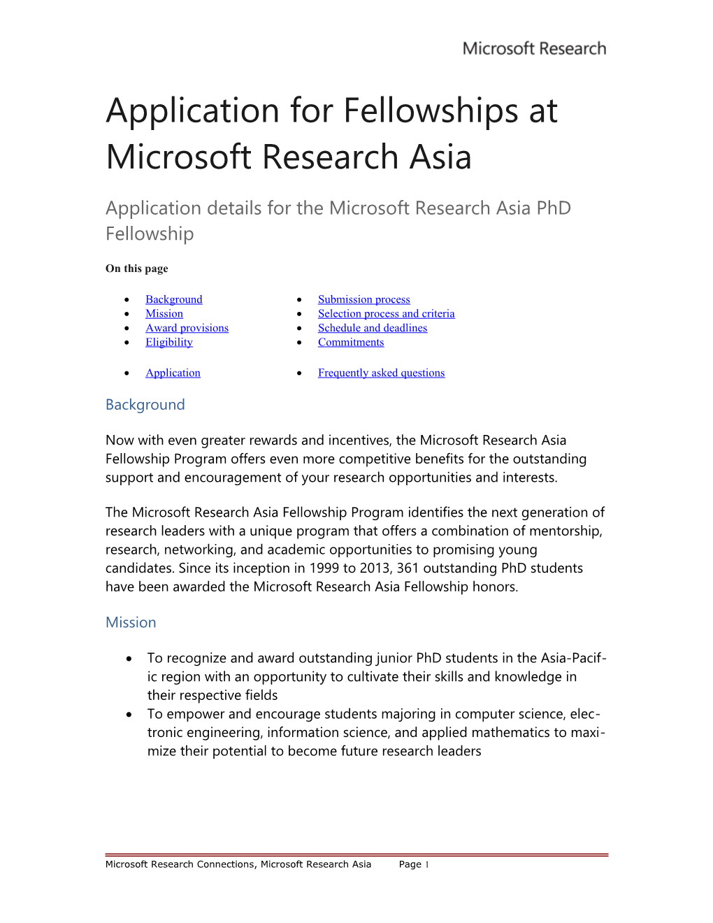 Application for Fellowships at Microsoft Research Asia