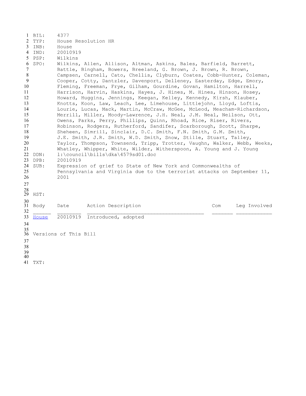 2001-2002 Bill 4377: Expression of Grief to State of New York and Commonwealths of Pennsylvania