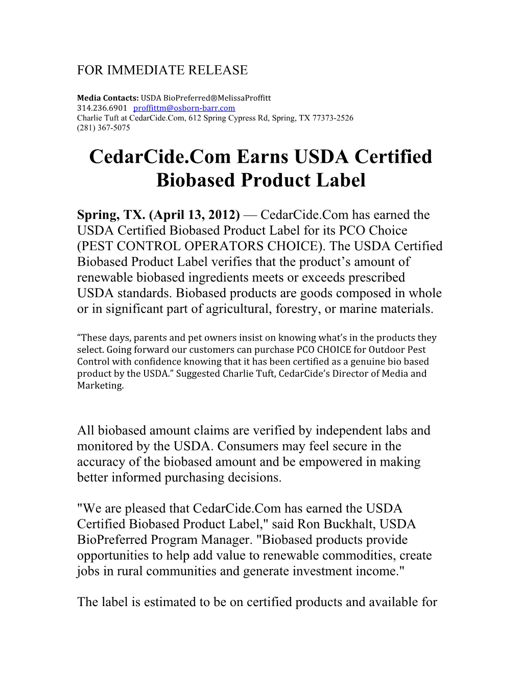 Cedarcide.Com Earns USDA Certified Biobased Product Label