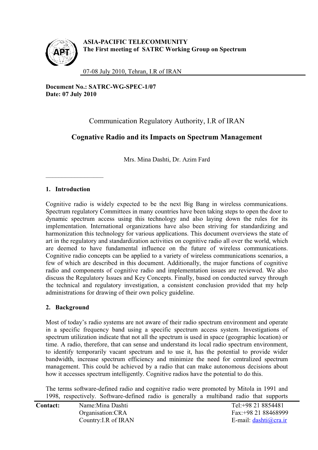 Document No.: SATRC-WG-SPEC-1/07