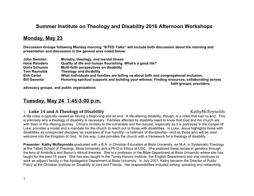Summer Institute on Theology and Disability 2016 Afternoon Workshops