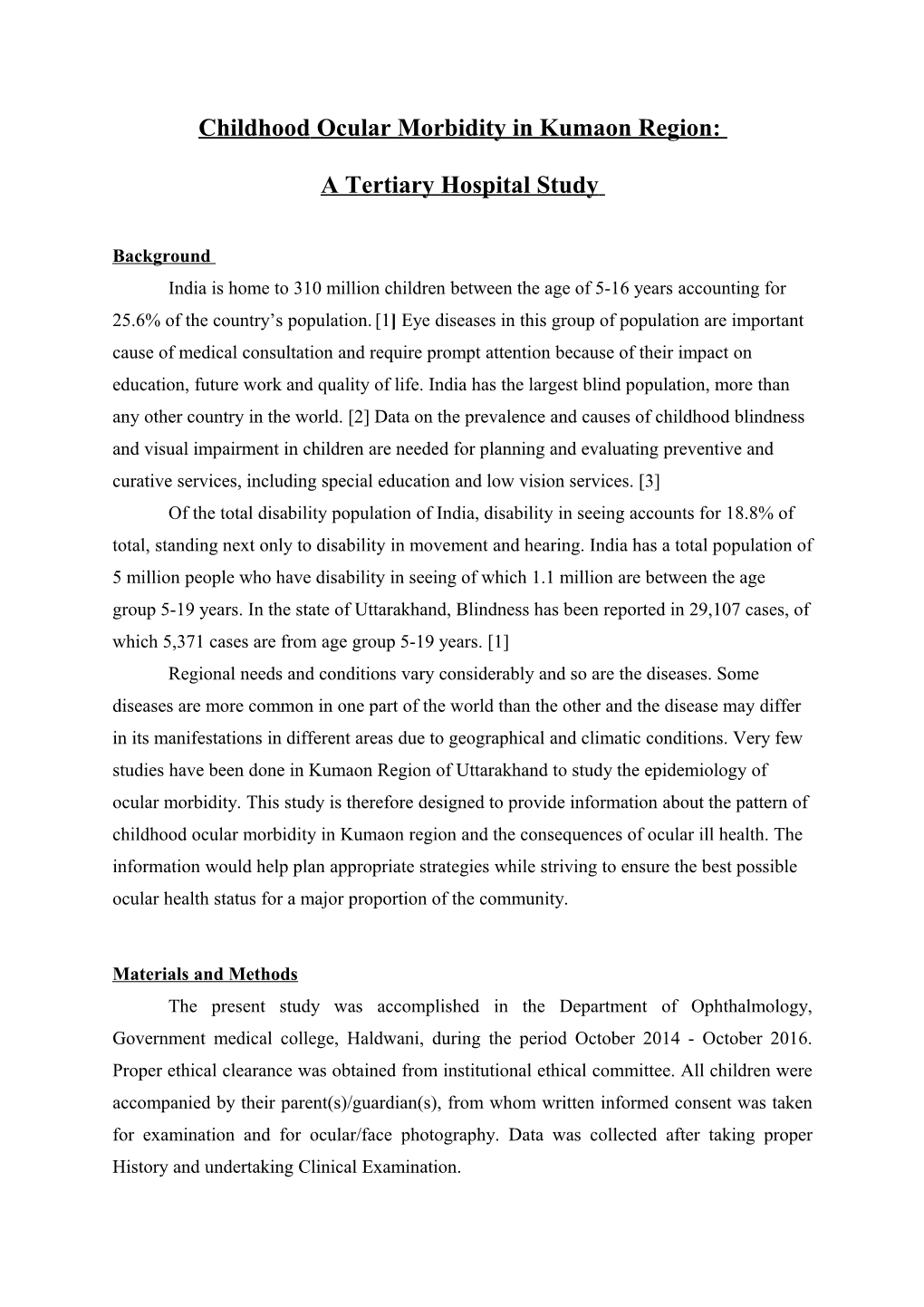 Childhood Ocular Morbidity in Kumaon Region