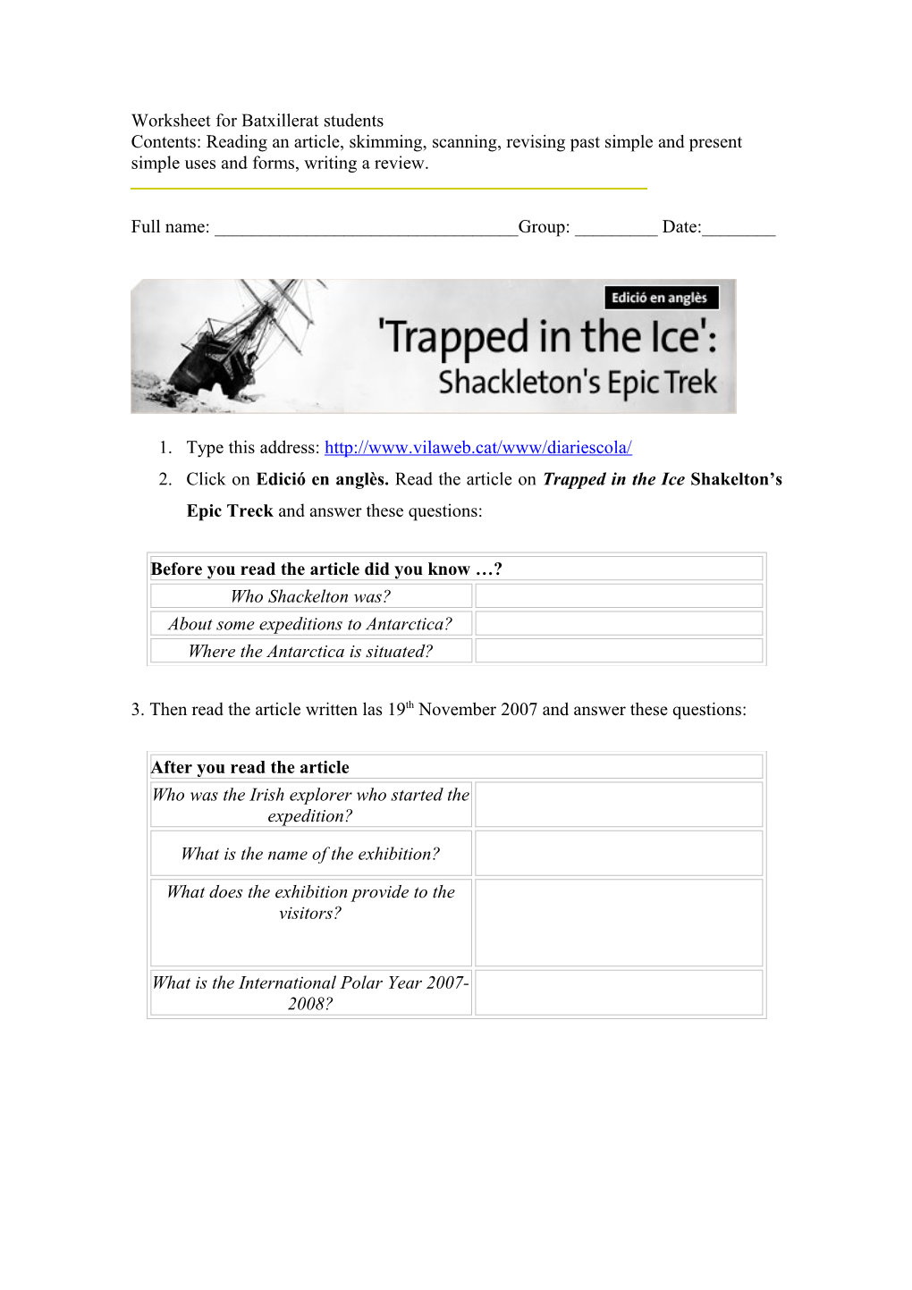 Self- Access Worksheet for Batxillerat Students