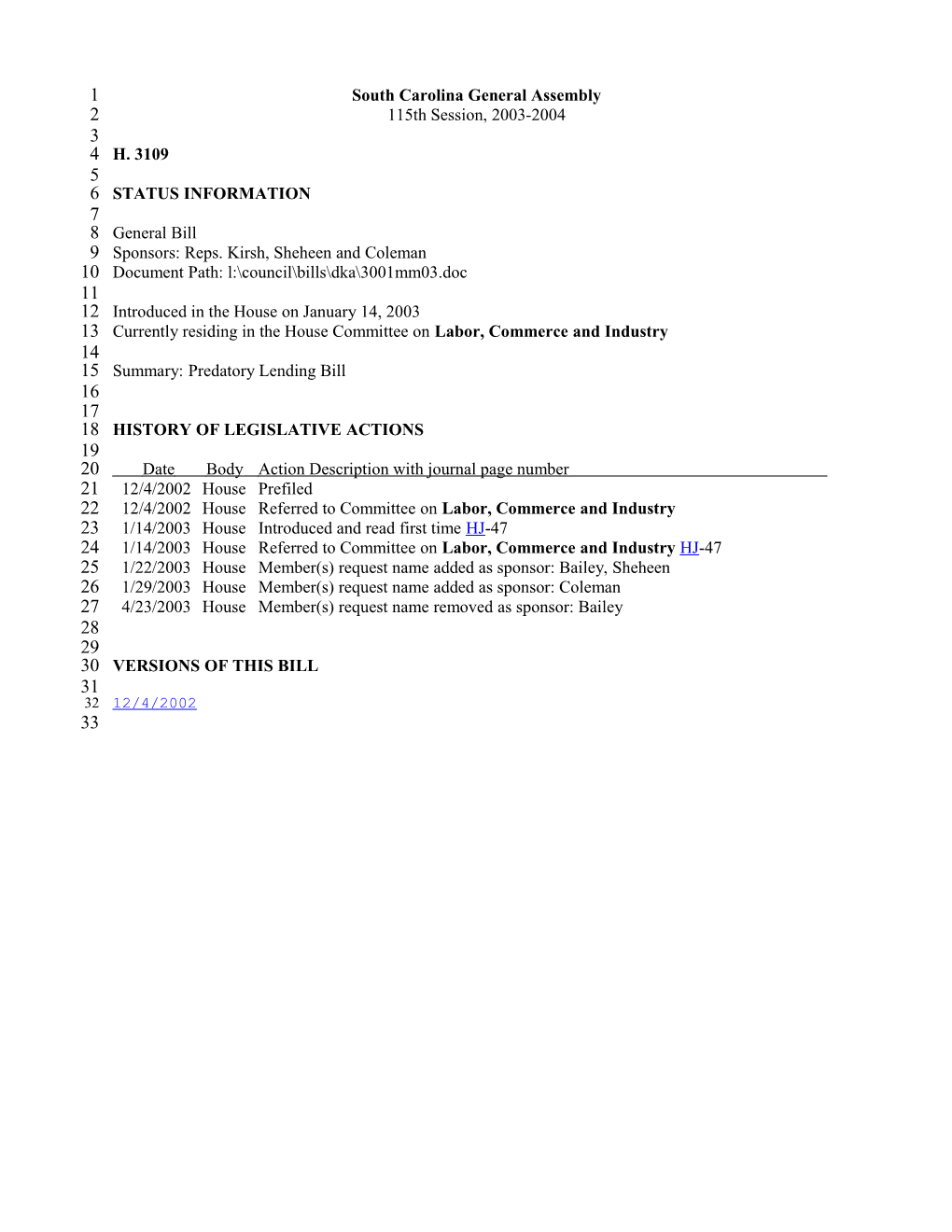 2003-2004 Bill 3109: Predatory Lending Bill - South Carolina Legislature Online