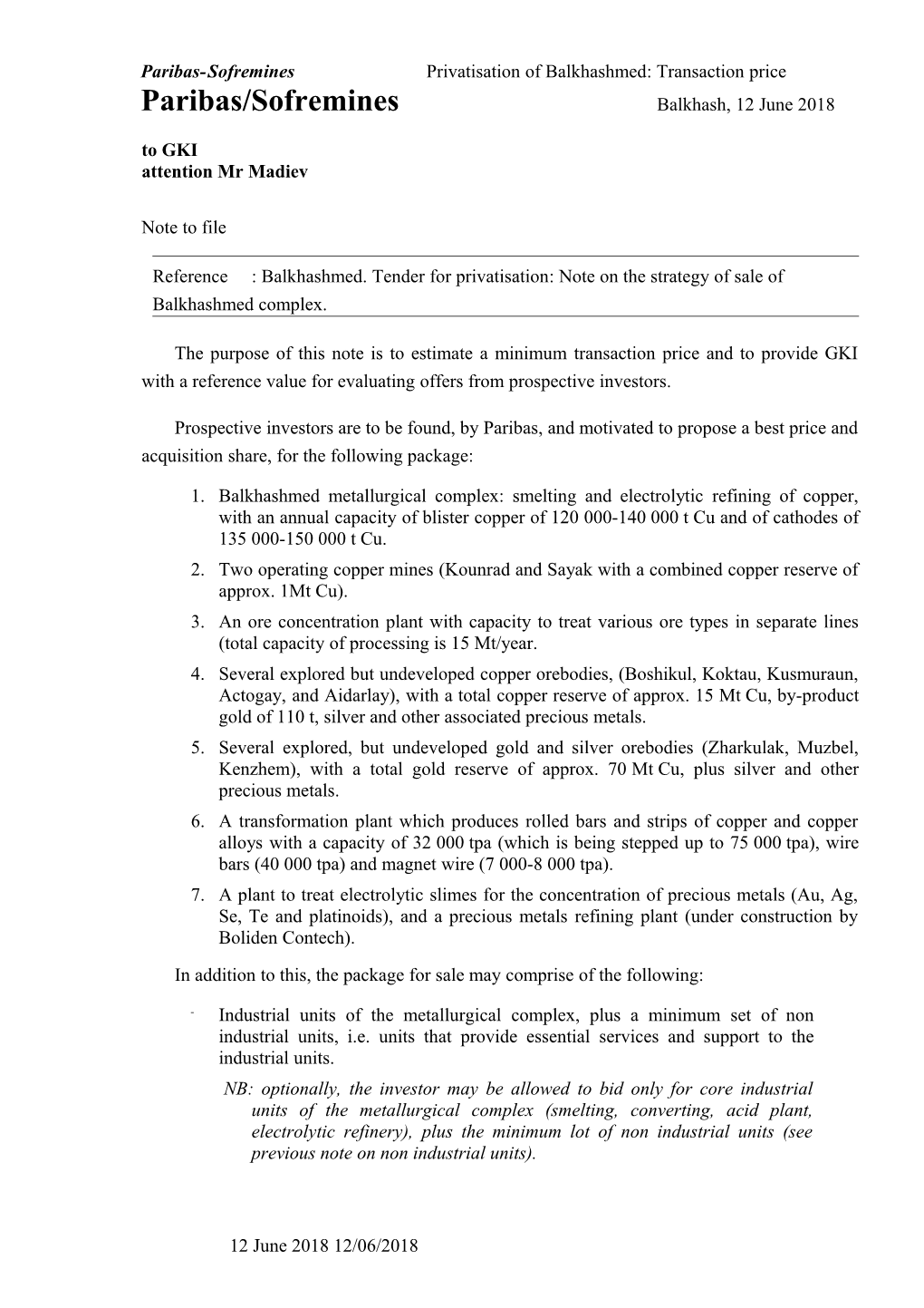 Paribassofremines Privatisation of Balkhashmed: Transaction Price