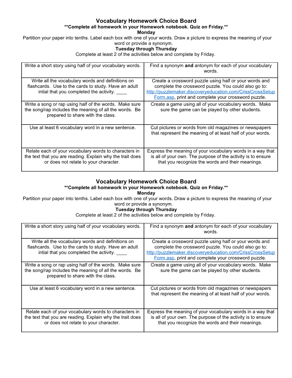 Vocabulary Homework Choice Board