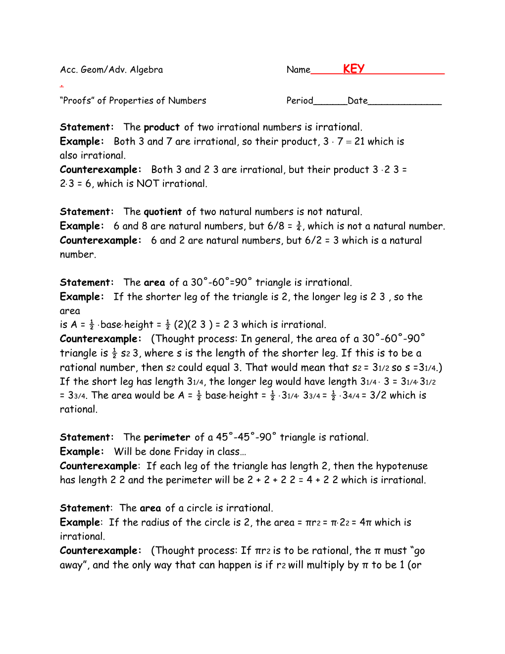 Acc. Geom/Adv. Algebra Name KEY