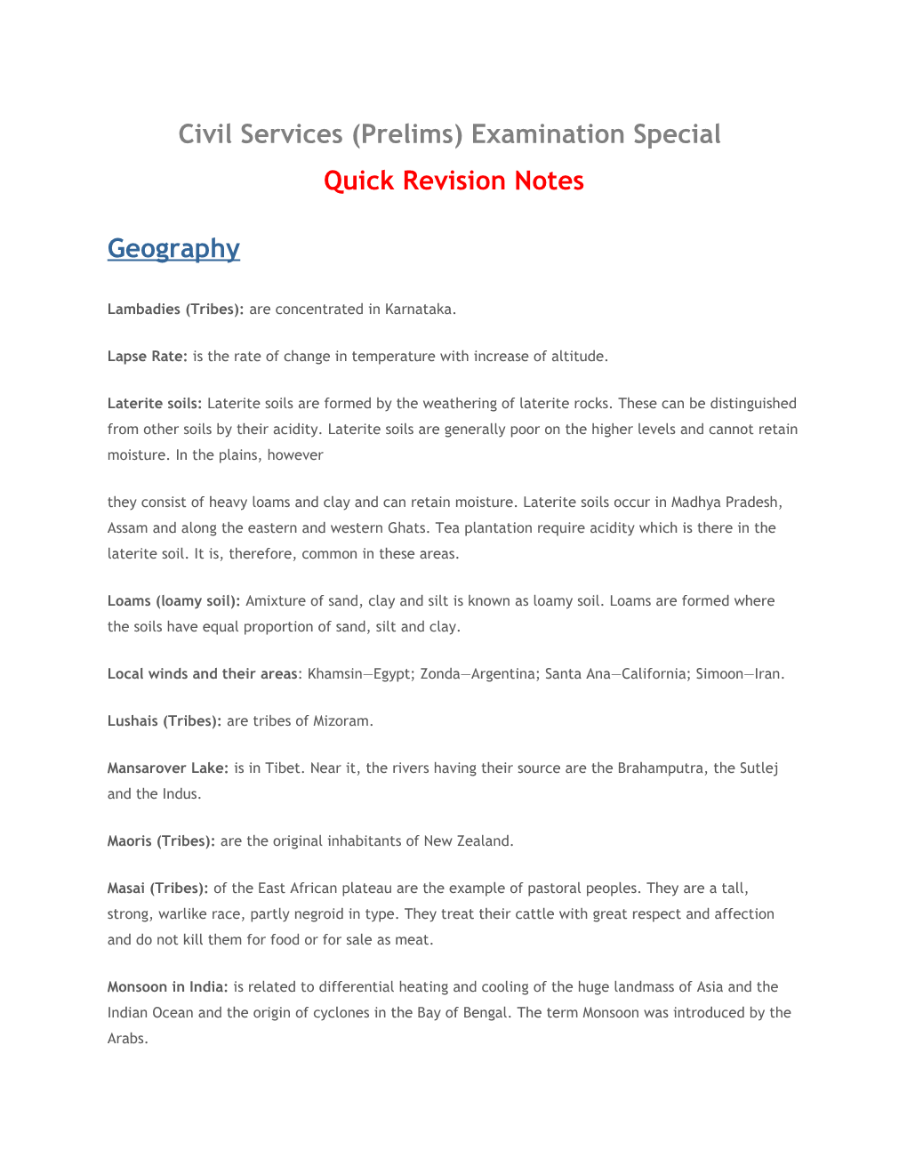 Civil Services (Prelims) Examination Special Quick Revision Notes