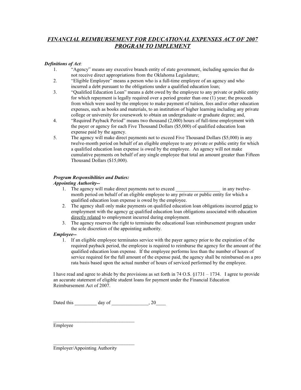 Financial Reimbursement for Educational Expenses Act of 2007