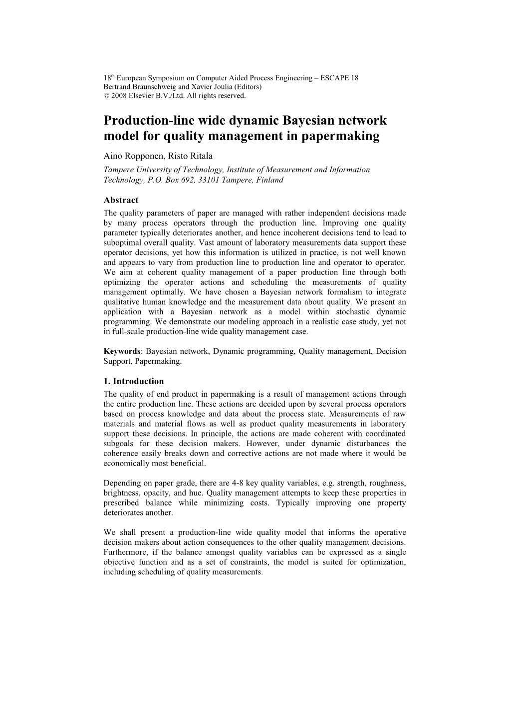Production-Line Wide Dynamic Bayesian Network Model for Quality Management in Papermaking