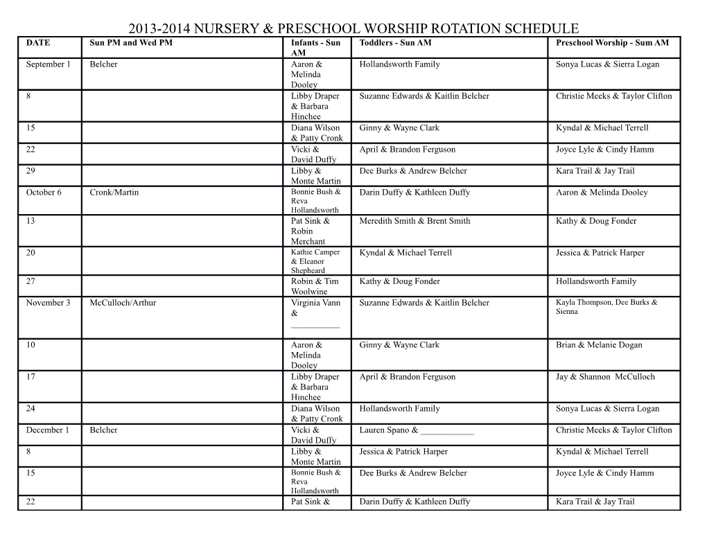 2013-2014 Nursery & Preschool Worship Rotation Schedule