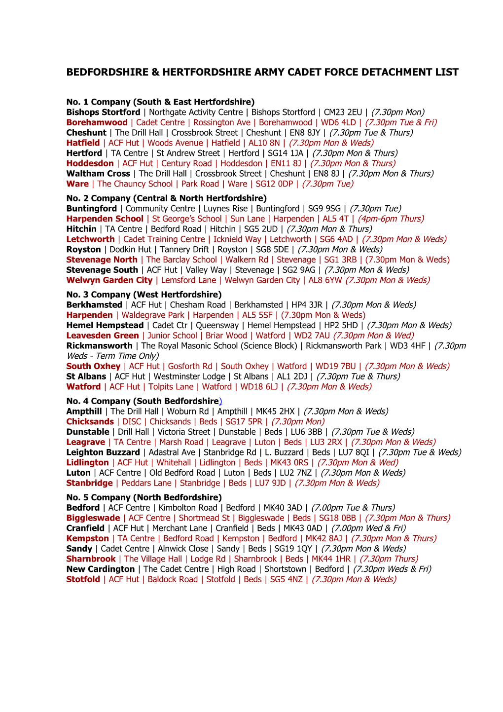 Bedfordshire & Hertfordshire Army Cadet Force Detachment List