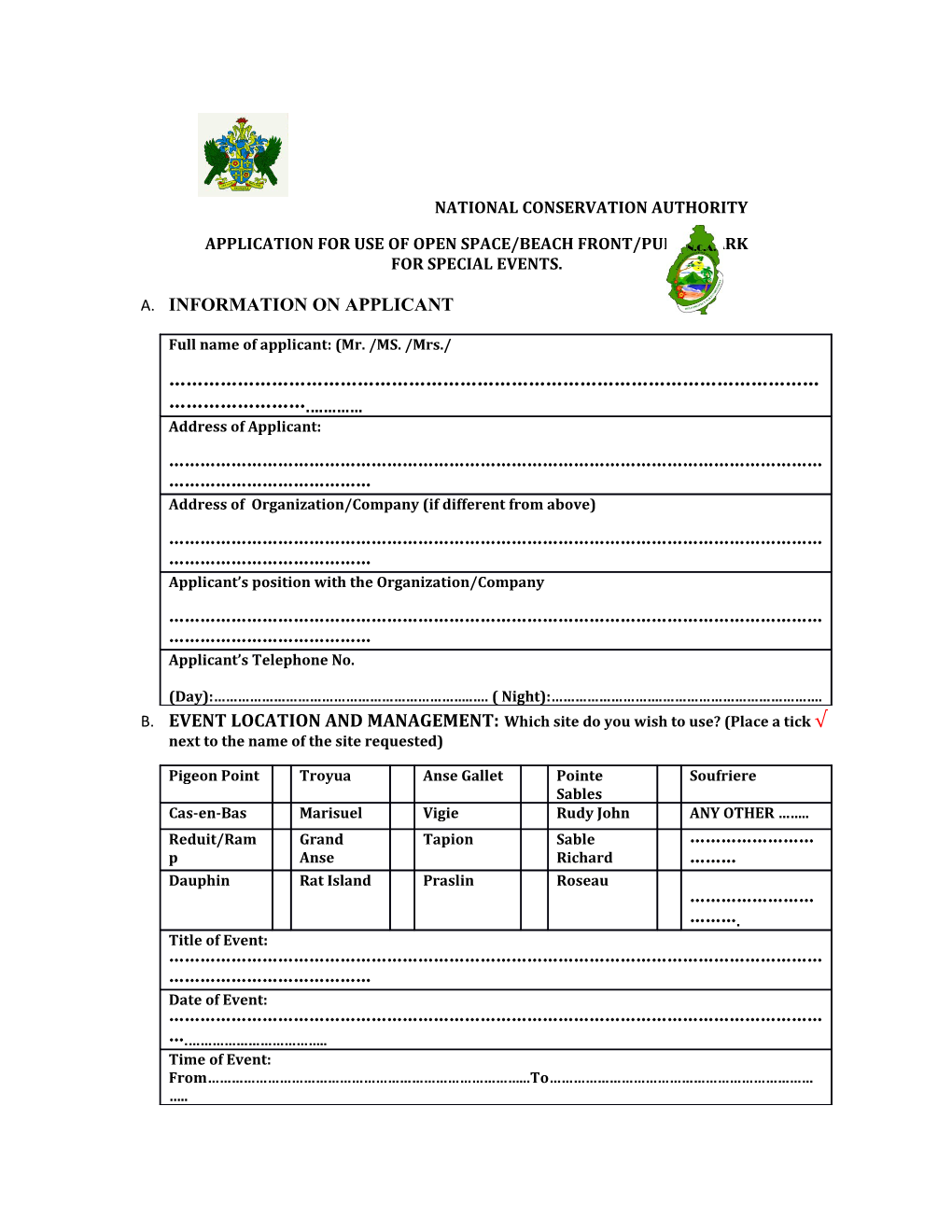 Application for Use of Open Space/Beach Front/Public Park