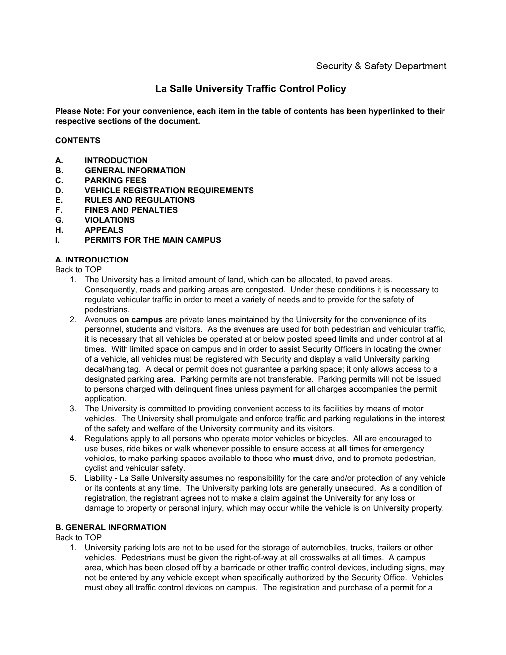 La Salle University Traffic Control Policy