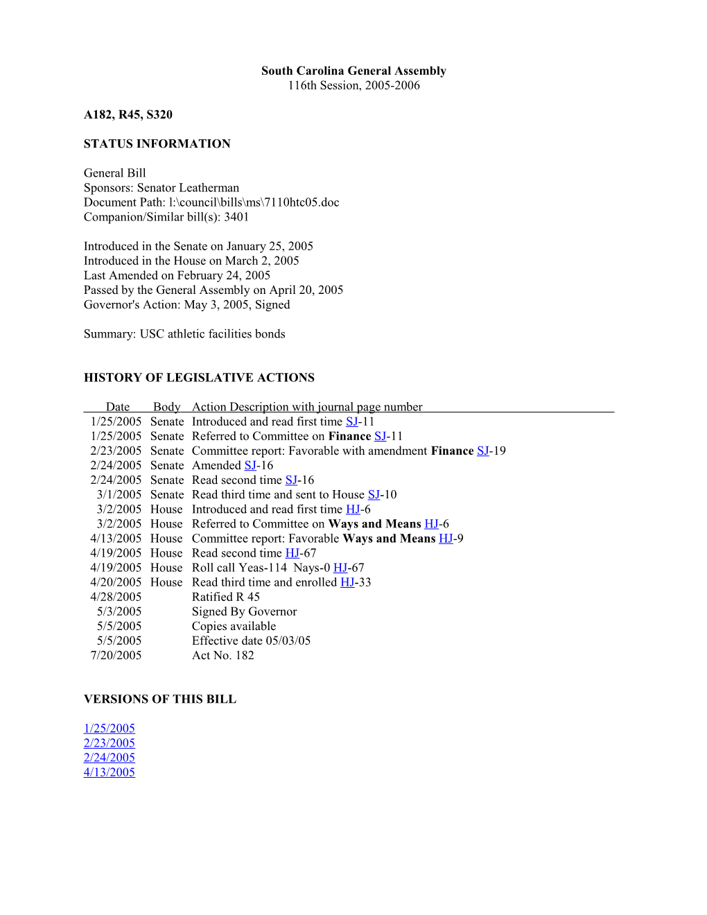 2005-2006 Bill 320: USC Athletic Facilities Bonds - South Carolina Legislature Online