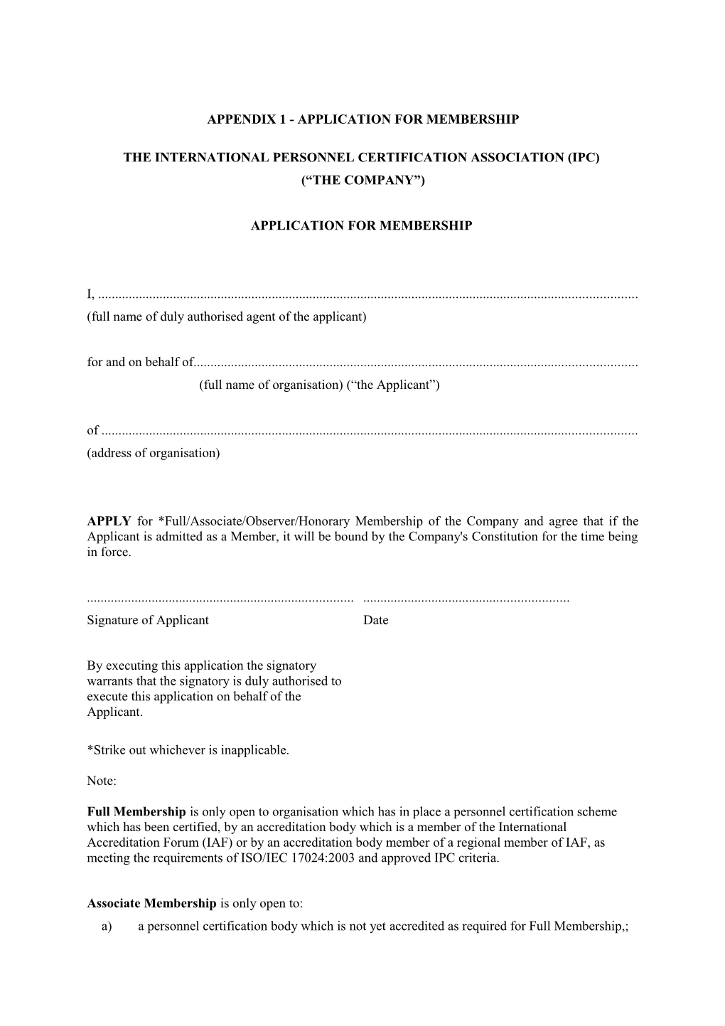 Appendix 1 - Application for Membership