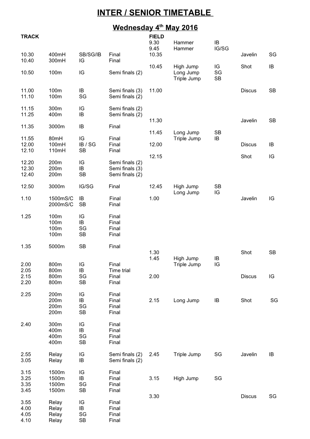 Inter / Senior Timetable
