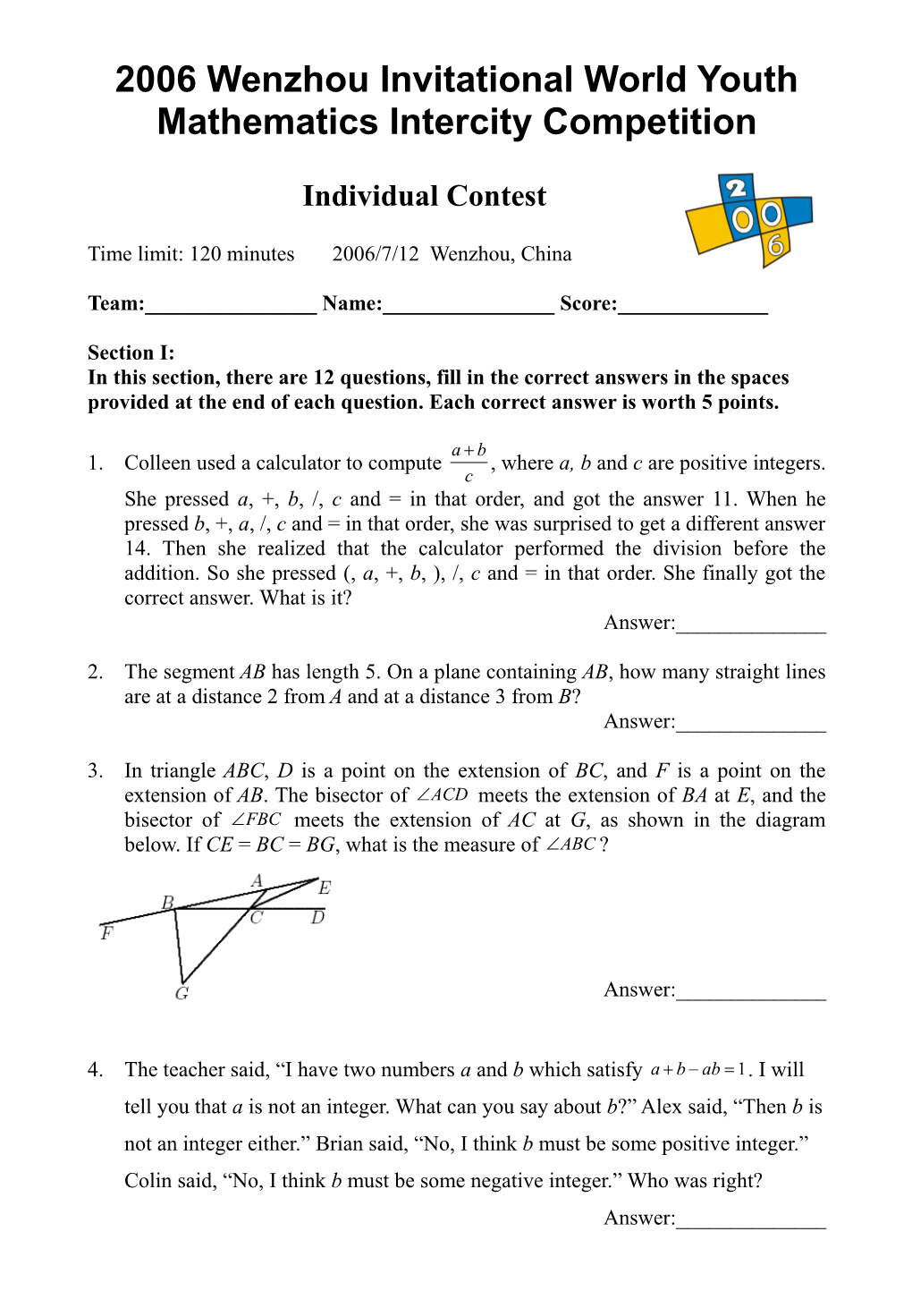 2006 Wenzhou Invitational World Youth Mathematics Intercity Competition