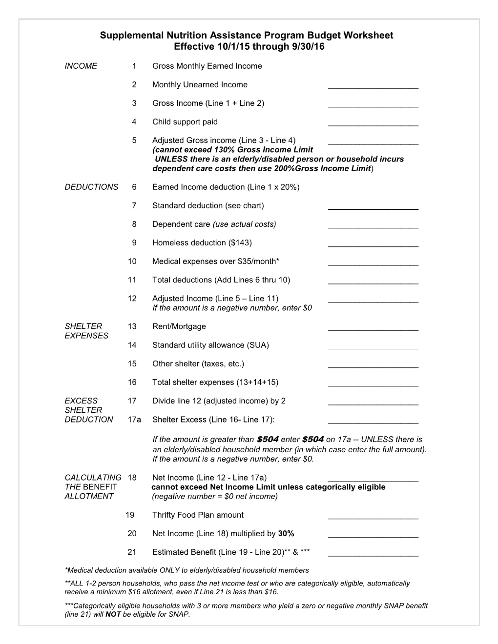 Supplemental Nutrition Assistance Program Budget Worksheet