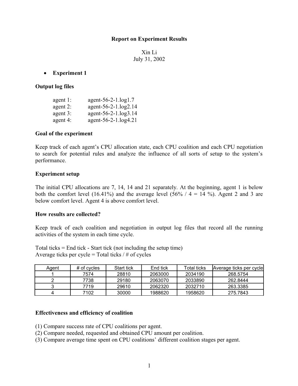 Report on Experiment Results