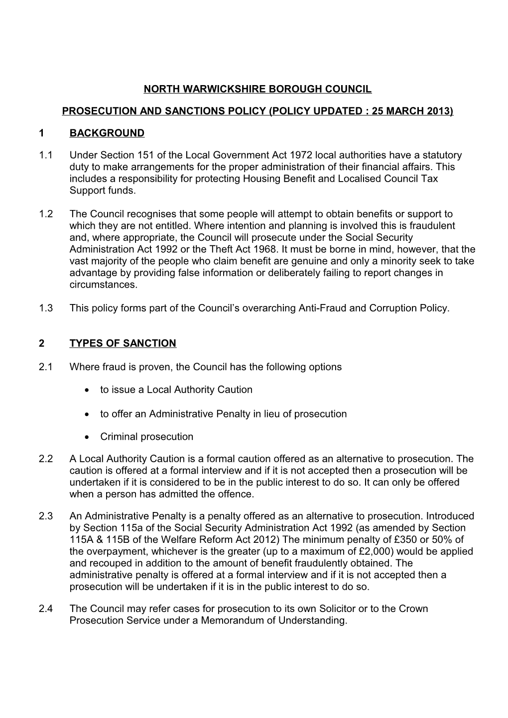 Housing Benefit & Council Tax Benefit Prosecution Policy