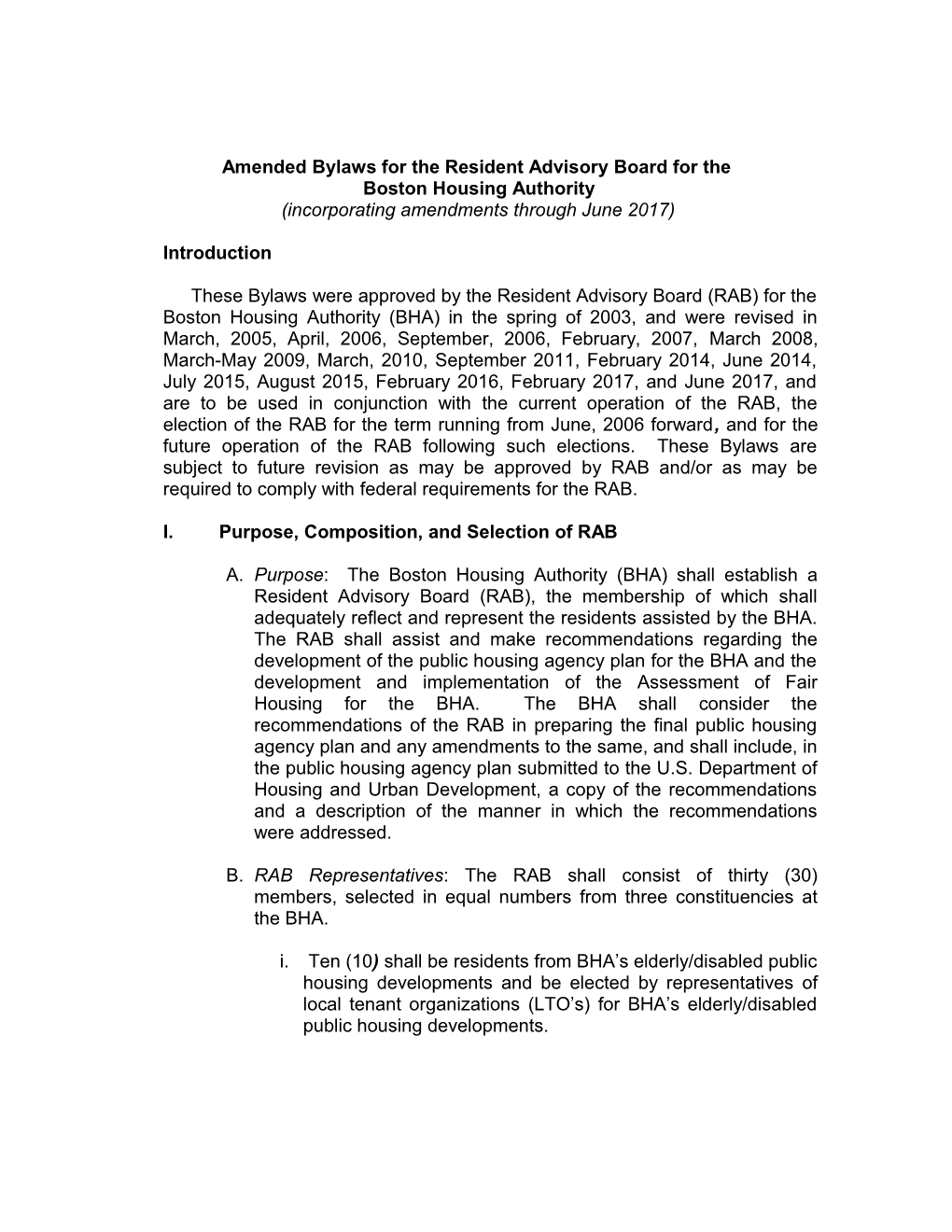 Operating Procedures for the Resident Advisory Board for The