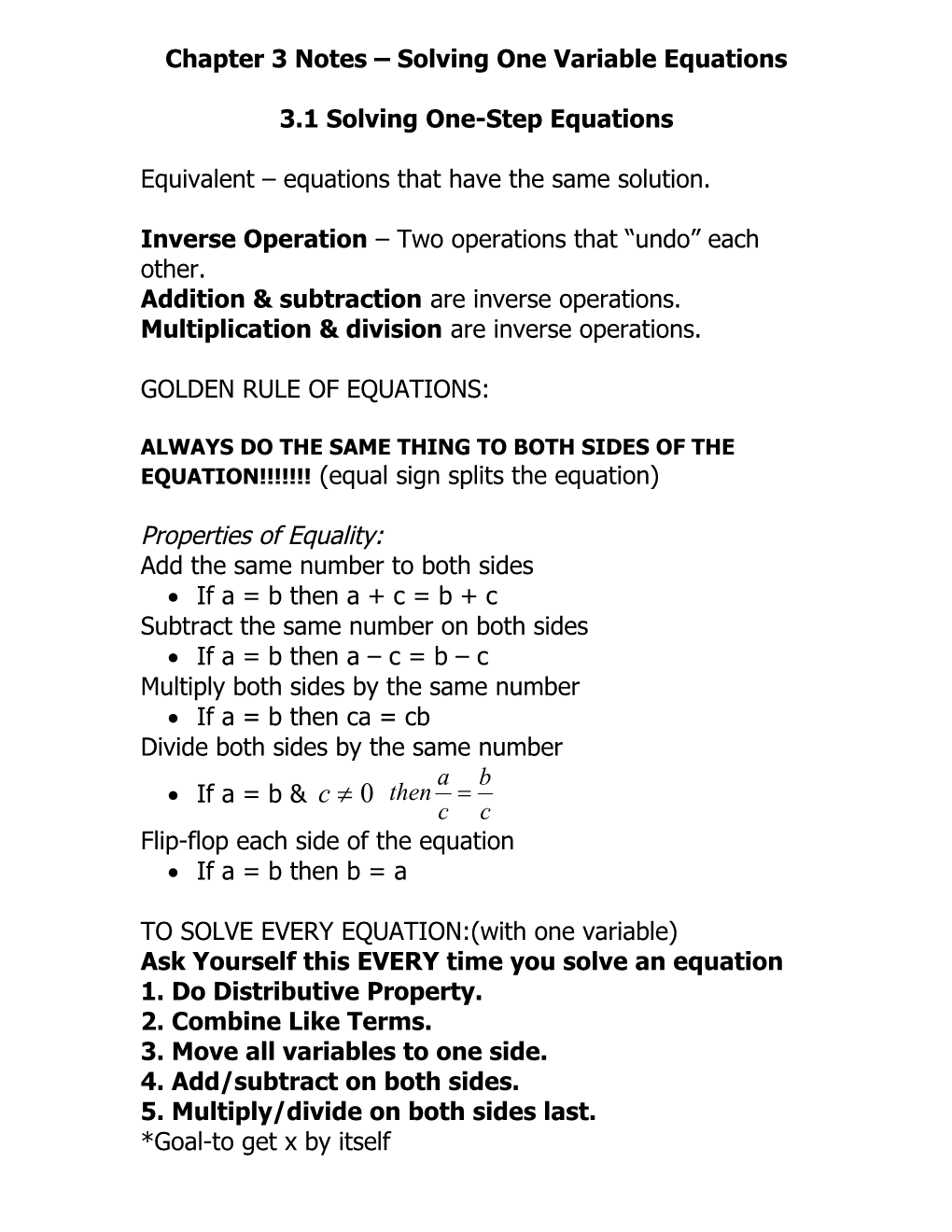 Chapter 3 Notes Solving One Variable Equations