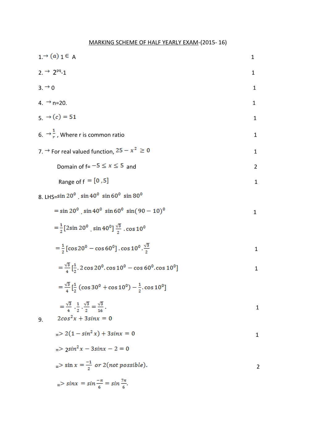 Marking Scheme of Half Yearly Exam-(2015- 16)