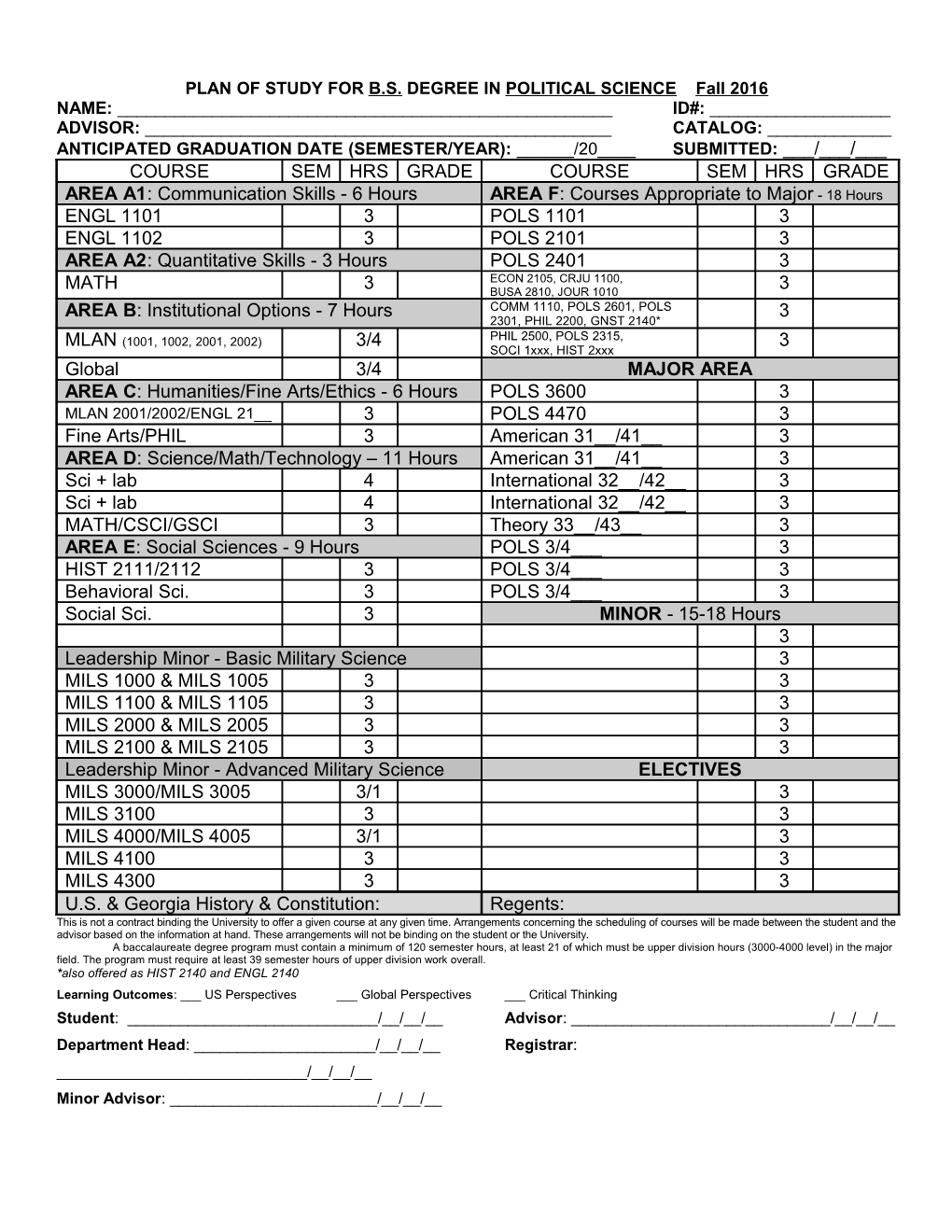 PLAN of STUDY for B.S. DEGREE in POLITICAL SCIENCE Fall 2016