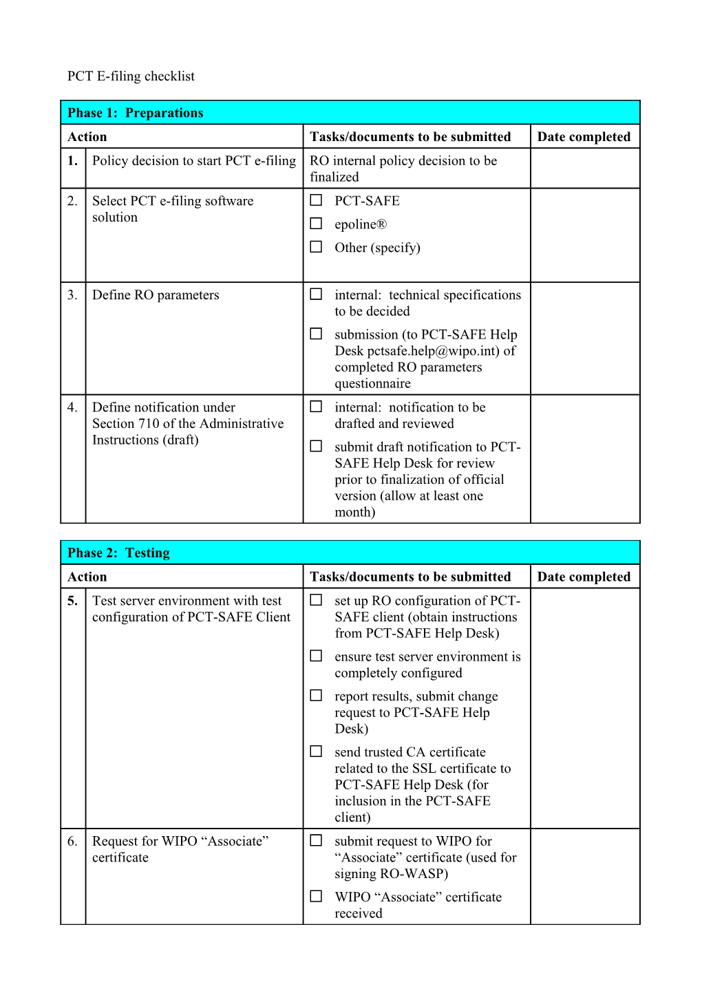 PCT E-Filing Acceptance Activities Checklist