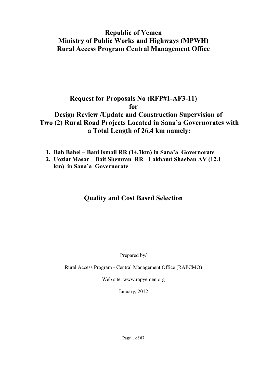 RFP#1-AF3-11 for Design Reviewand Construction Supervision of Two (2) Rural Road Project S