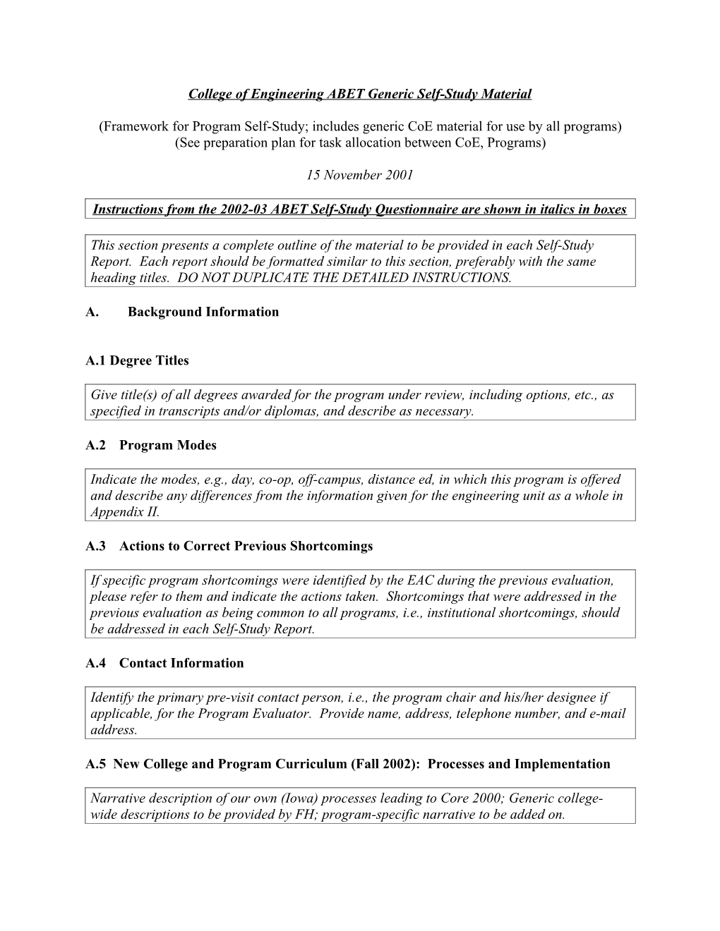 Self-Study Questionnaire