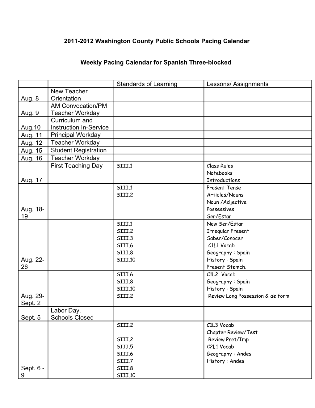 2007-2008 Washington County Public Schools Pacing Calendar