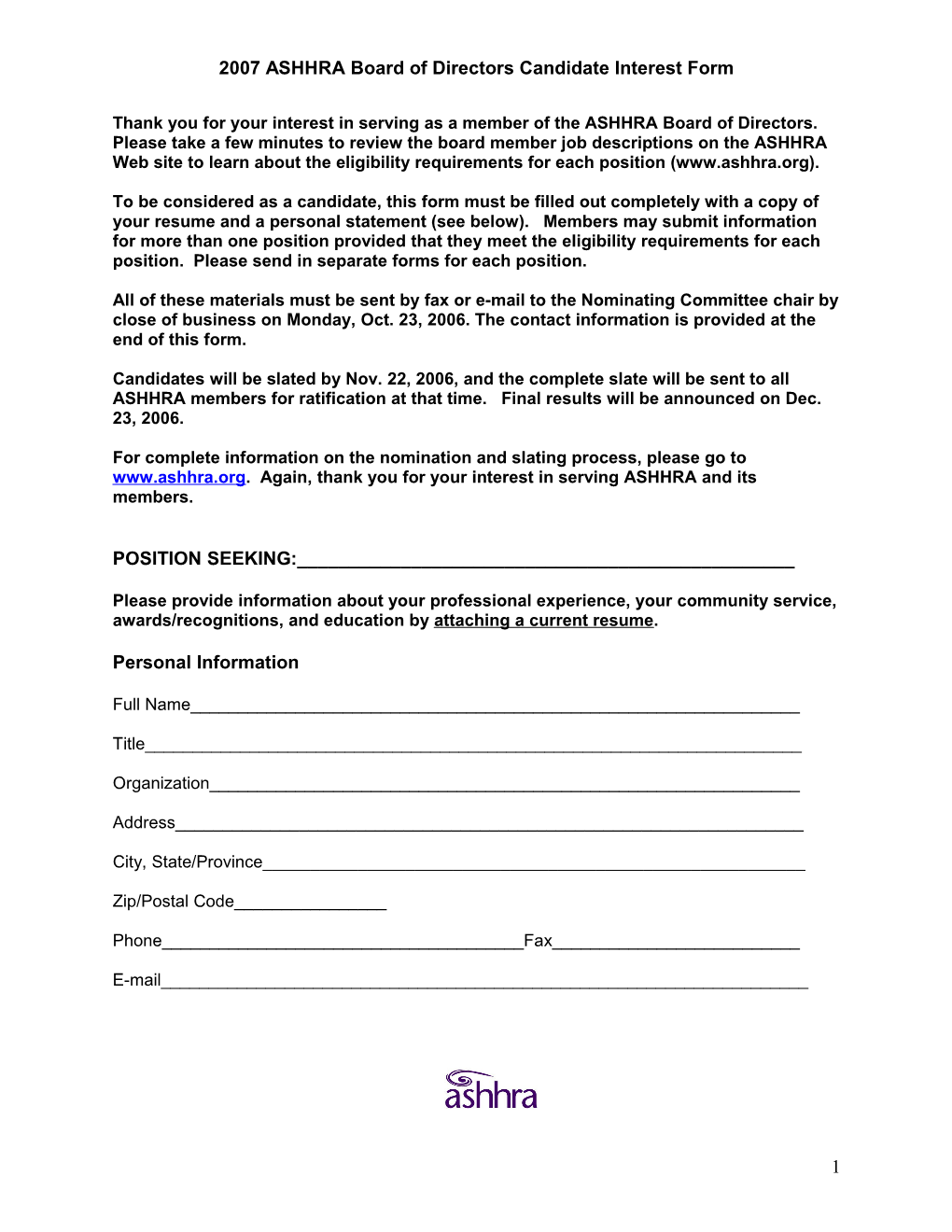 2007 ASHHRA Board of Directors Candidate Interest Form