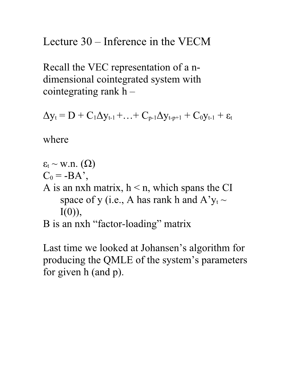 Lecture 30 Inference in the VECM